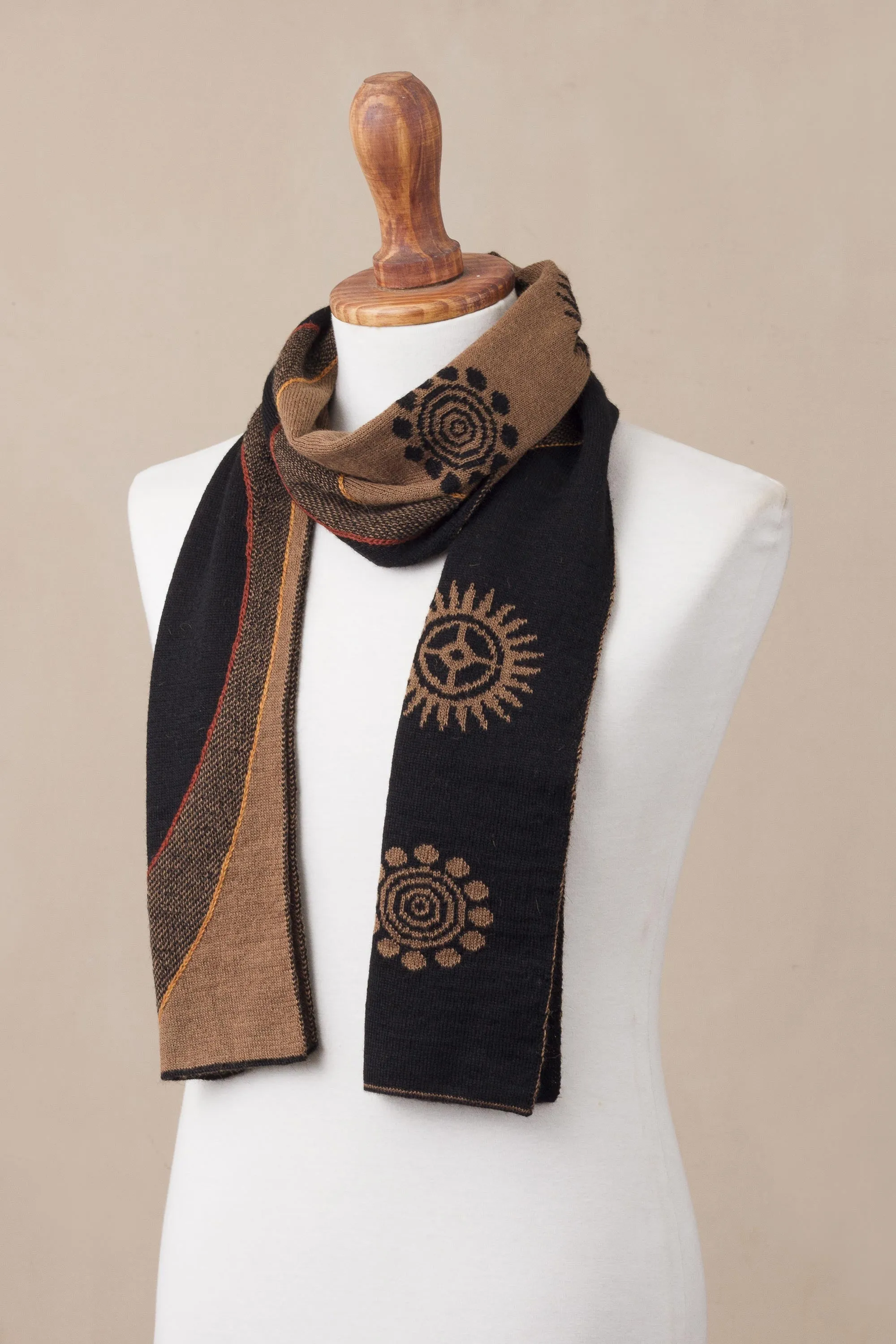 Sepia and Black Cosmovision Reversible Sepia and Black Sun Motif Alpaca Blend Scarf