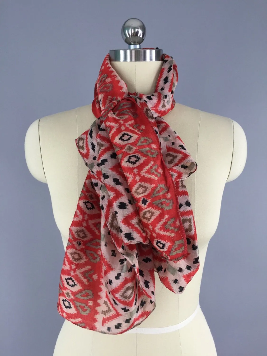 Silk Sari Scarf / Vintage Indian Silk Sari / Red Ikat