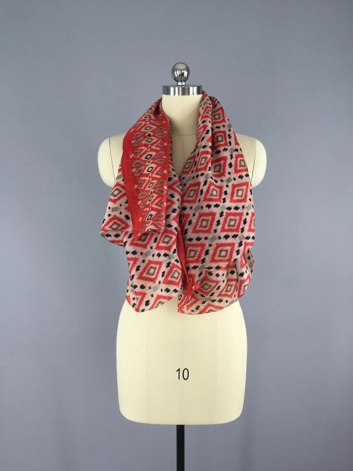 Silk Sari Scarf / Vintage Indian Silk Sari / Red Ikat