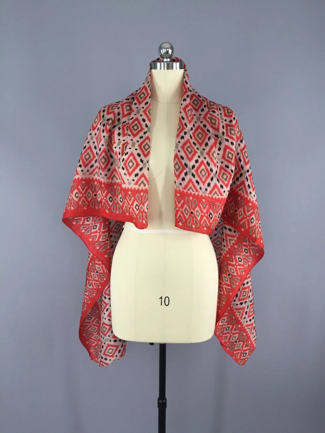 Silk Sari Scarf / Vintage Indian Silk Sari / Red Ikat