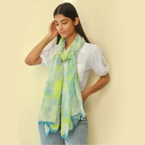 Sky Blue & Green Tie & Dye Pom Pom Border Modal Scarf