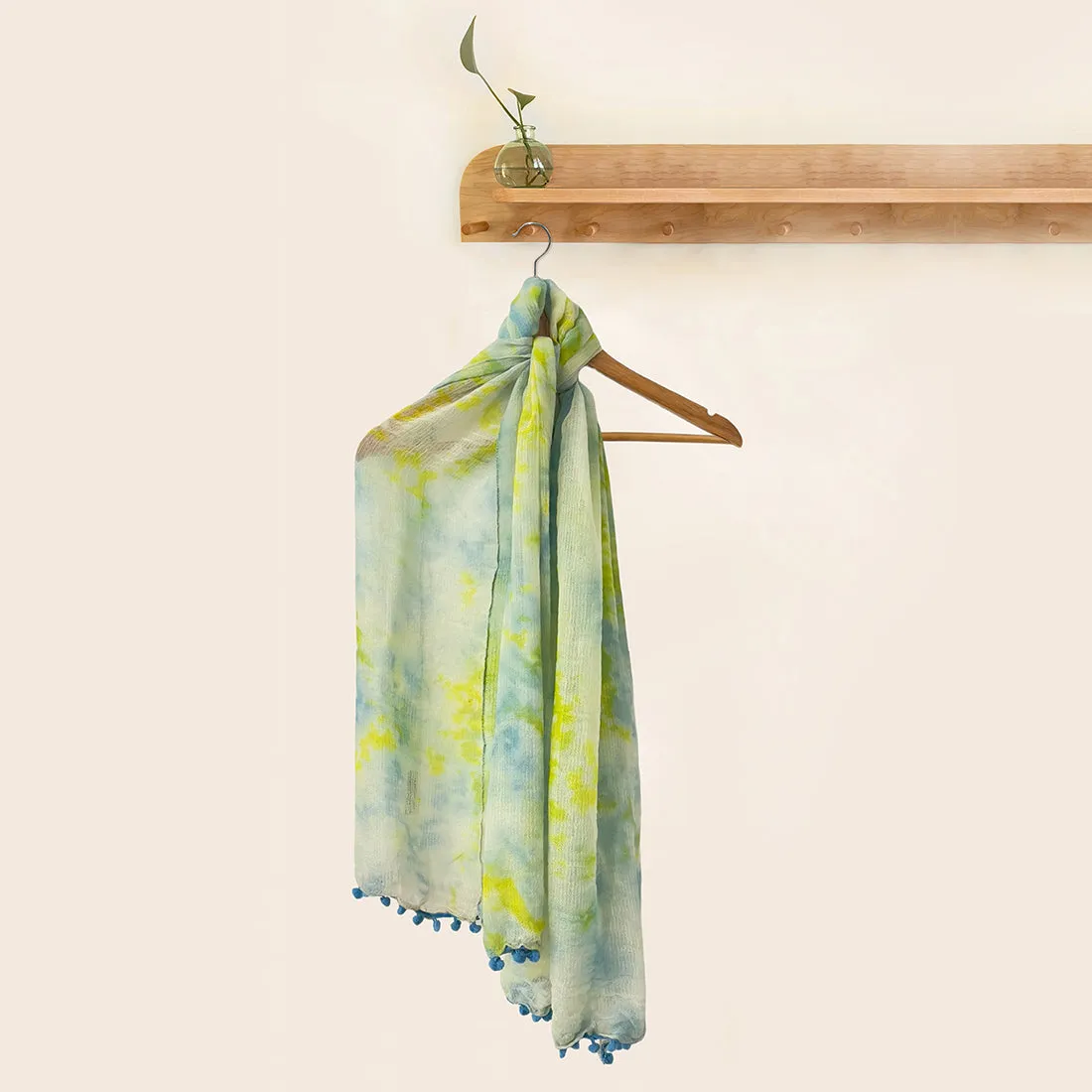 Sky Blue & Green Tie & Dye Pom Pom Border Modal Scarf
