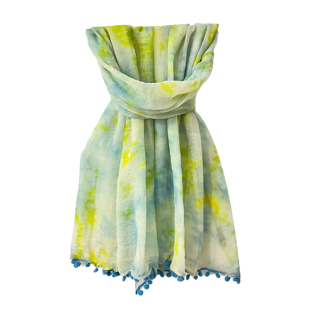 Sky Blue & Green Tie & Dye Pom Pom Border Modal Scarf
