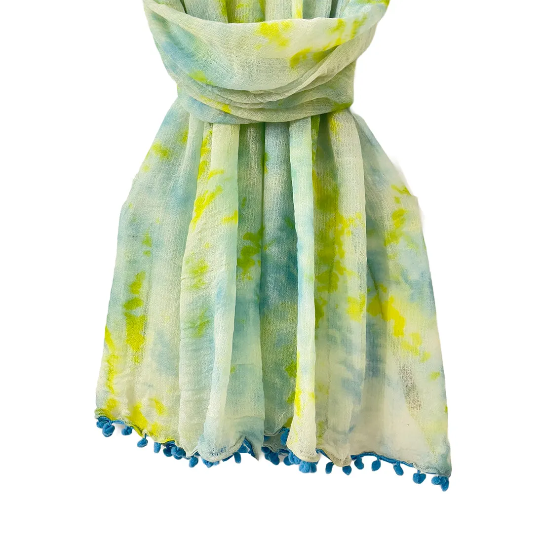 Sky Blue & Green Tie & Dye Pom Pom Border Modal Scarf