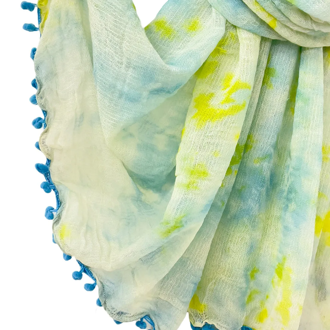 Sky Blue & Green Tie & Dye Pom Pom Border Modal Scarf