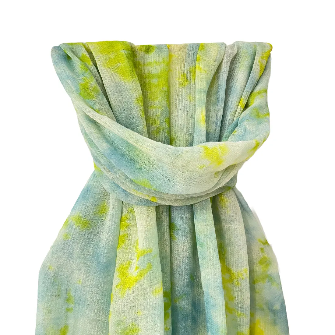 Sky Blue & Green Tie & Dye Pom Pom Border Modal Scarf