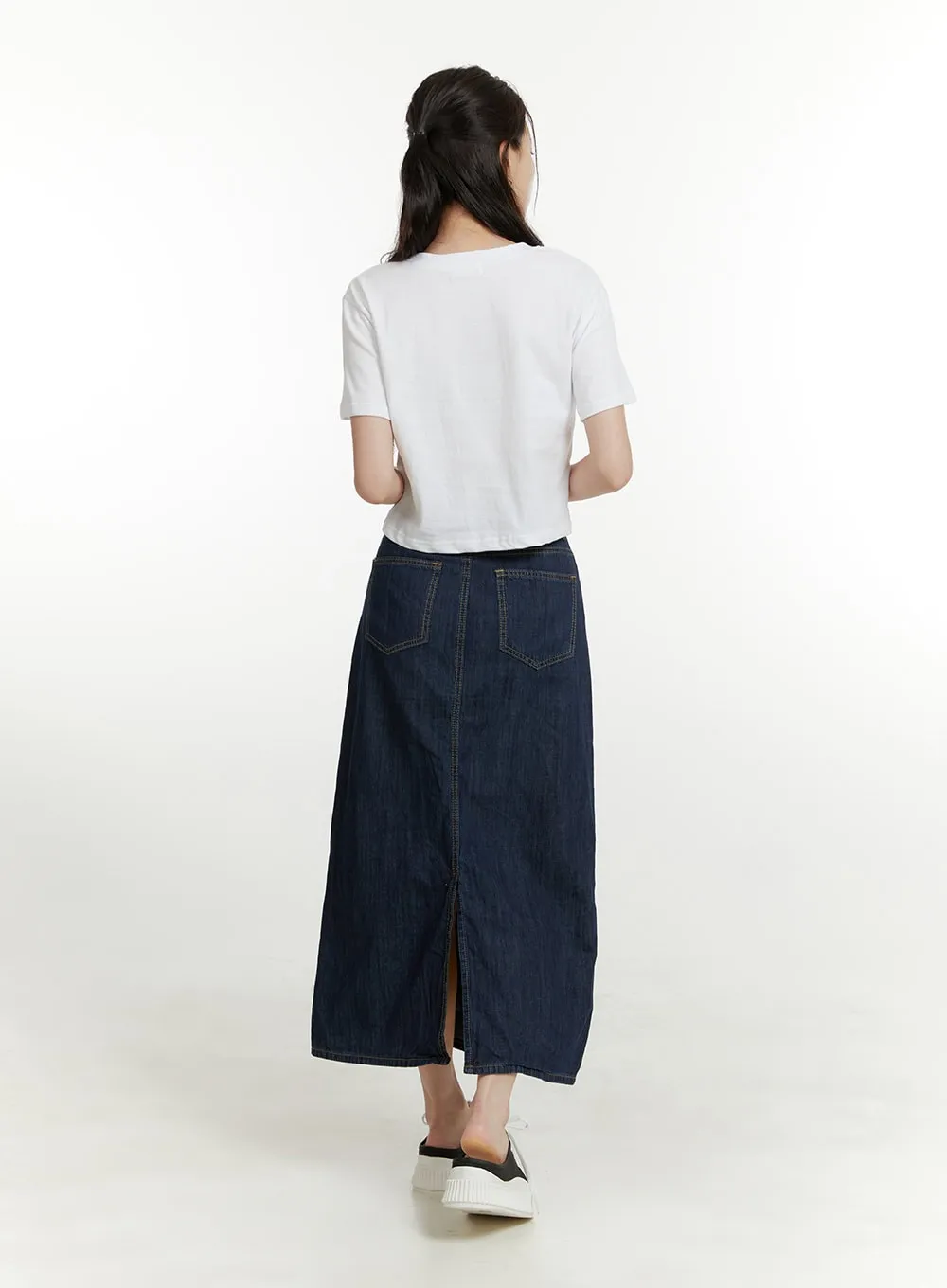 Solid Denim Maxi Skirt OU419