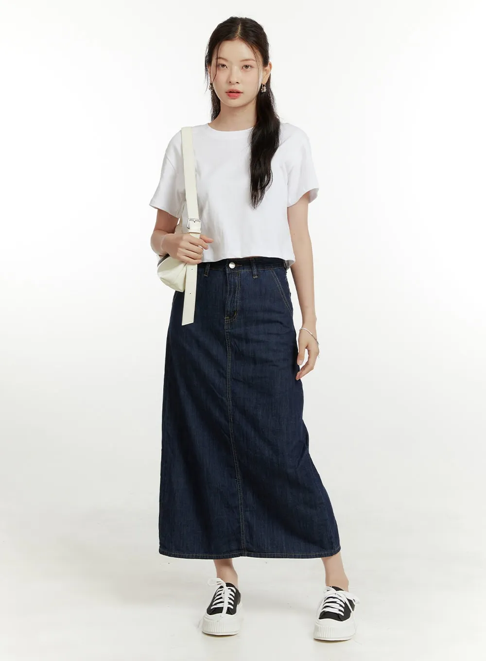 Solid Denim Maxi Skirt OU419