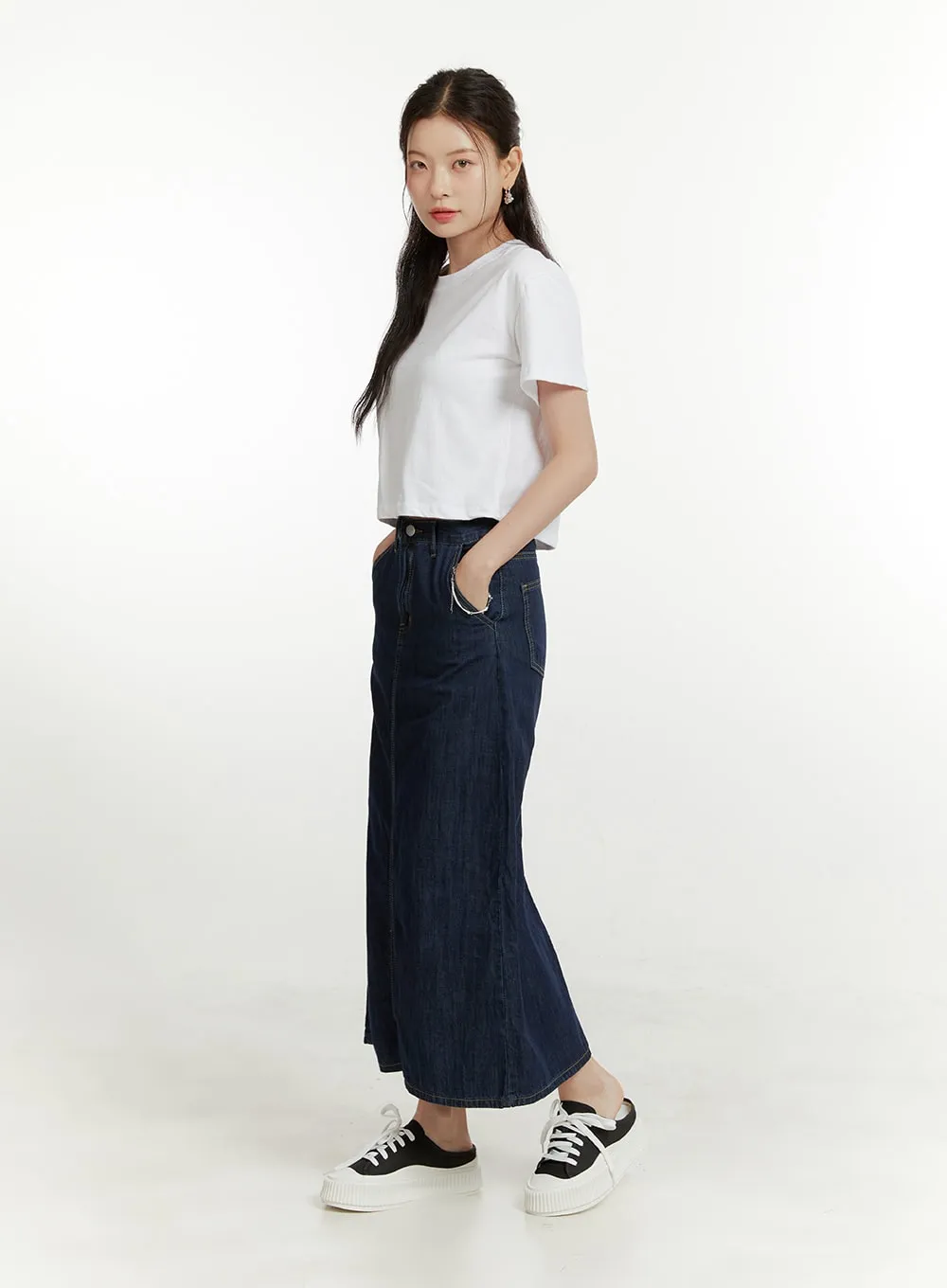 Solid Denim Maxi Skirt OU419
