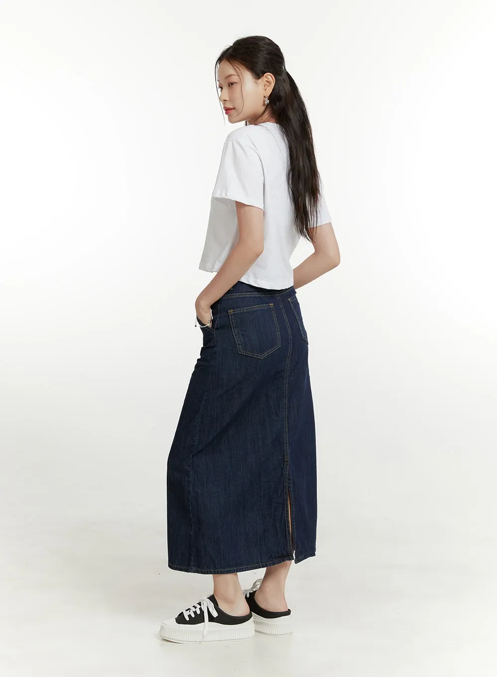 Solid Denim Maxi Skirt OU419