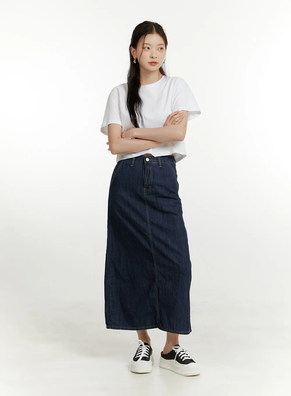 Solid Denim Maxi Skirt OU419
