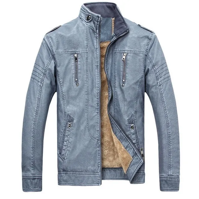 Solid Stand Collar with Faux Fur Lining Biker Style Men PU Leather Jacket