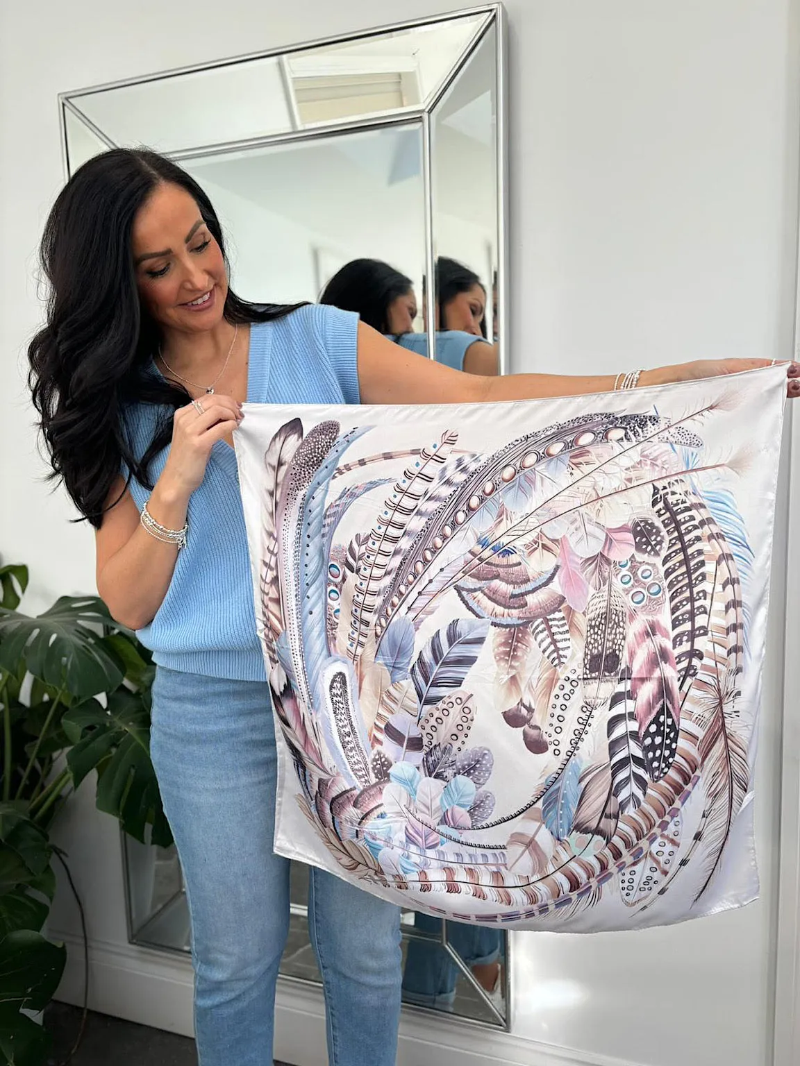 Stone Feather Print Satin Style Scarf