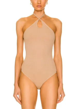 Stretch Silk Knit Keyhole Halter Bodysuit - Oat Milk