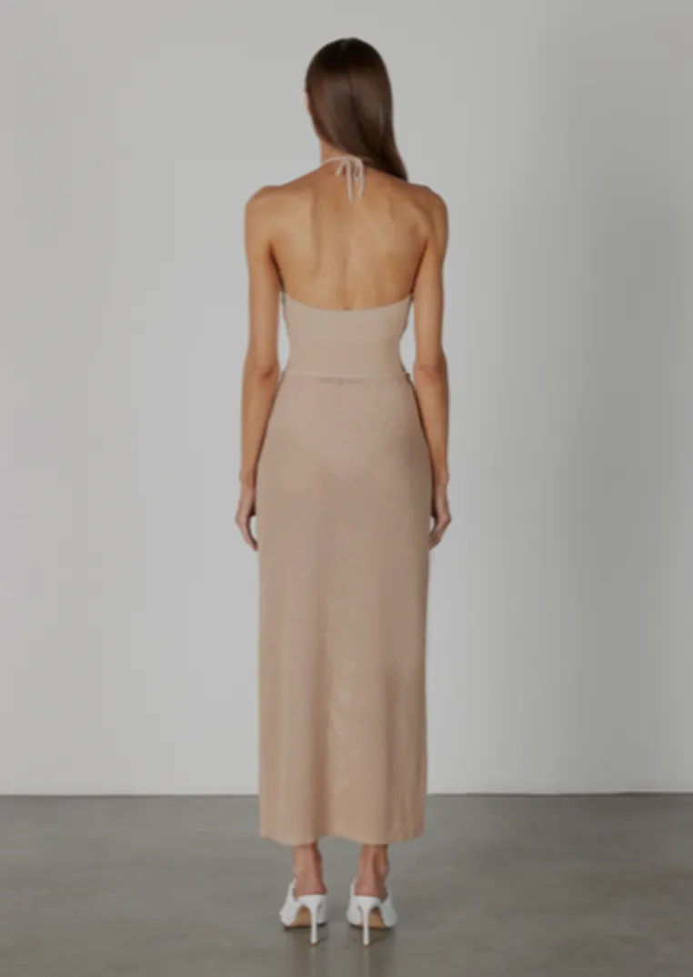 Stretch Silk Knit Keyhole Halter Bodysuit - Oat Milk