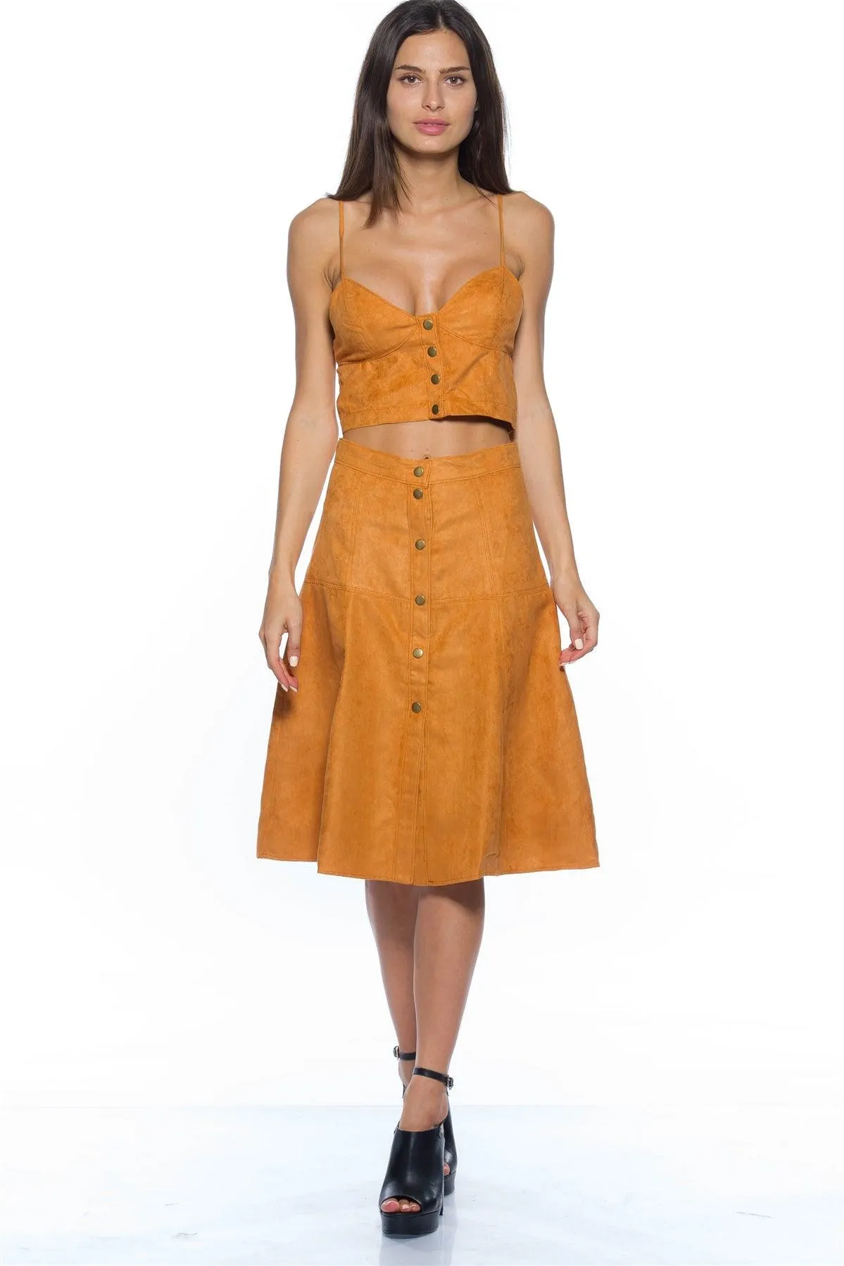 Suede Camel Buttoned Two Piece Set - cropped top & maxi skirt /3-2-1