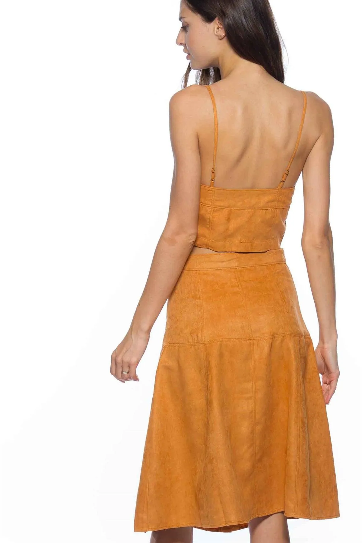 Suede Camel Buttoned Two Piece Set - cropped top & maxi skirt /3-2-1