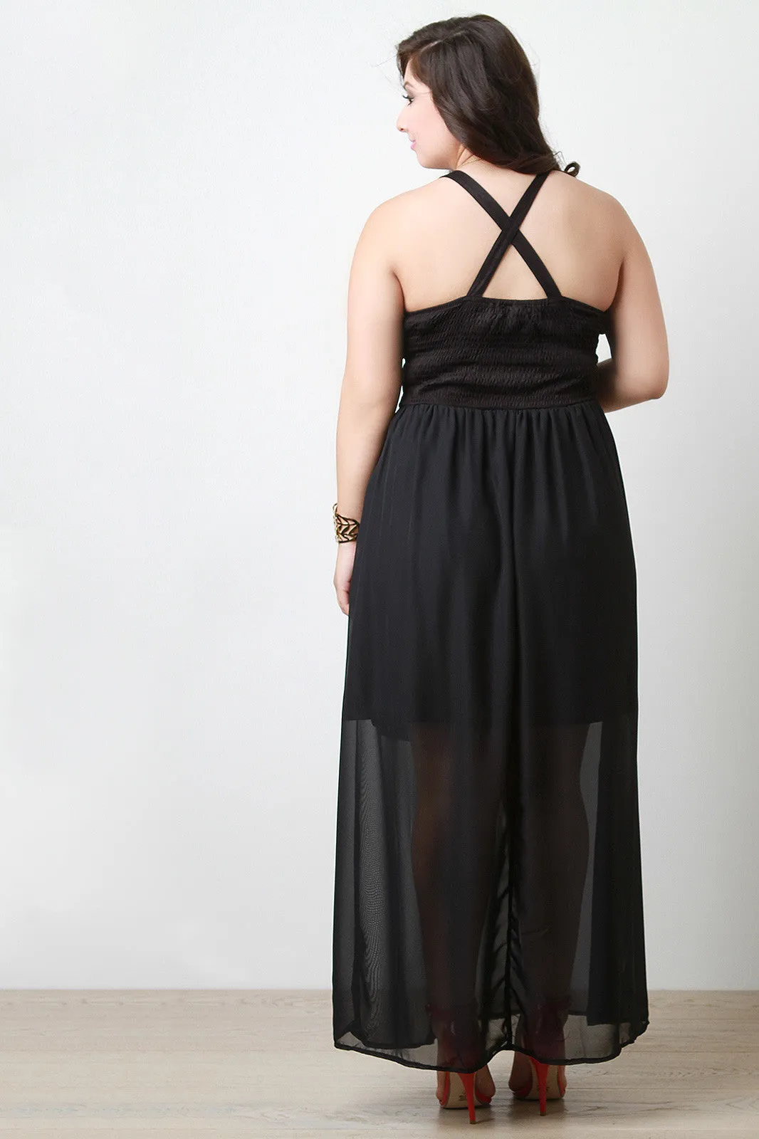 Suede Sweetheart Cross-Back Chiffon Maxi Dress