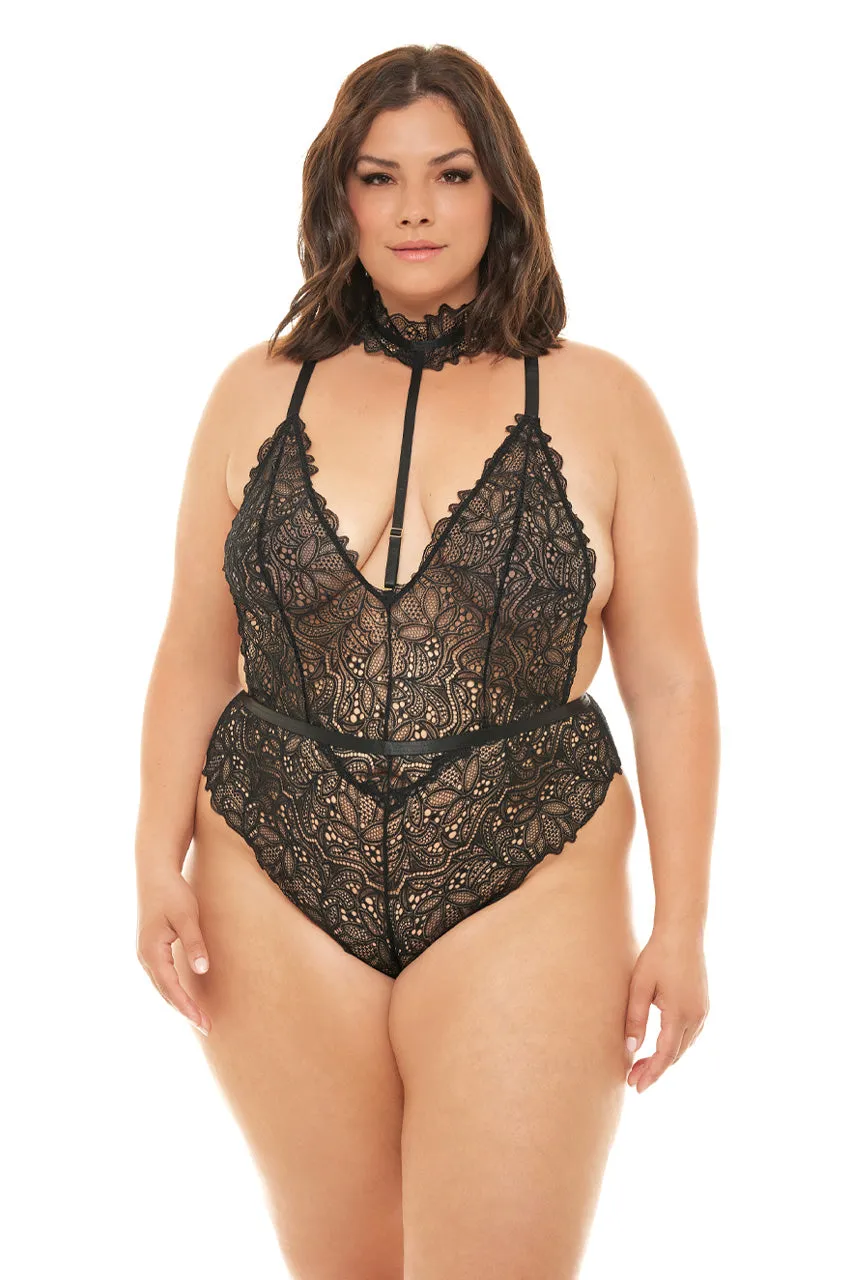 .Sweet Darling Lace Teddy with Collar in Black