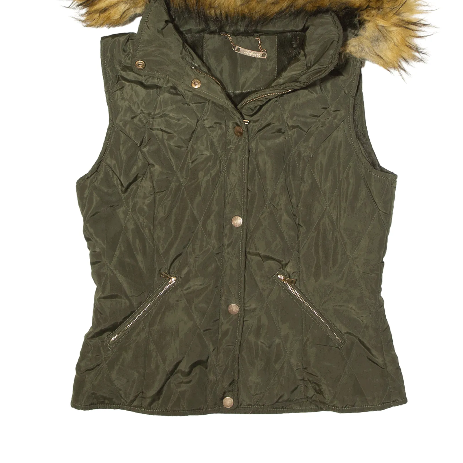 T A COALITION Faux fur Lined Khaki Quilted Gilet Green Womens S