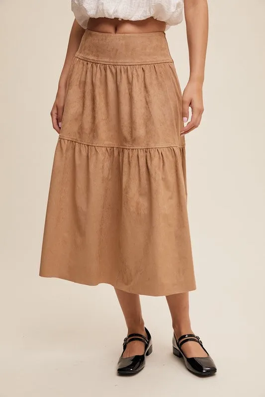 Tan Suede Tiered Maxi Skirt with Back Bow Tie