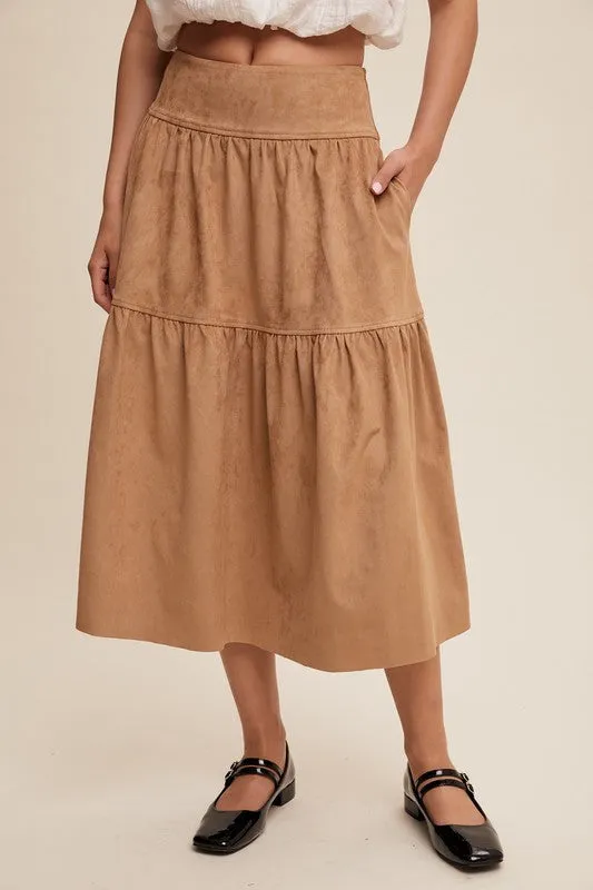 Tan Suede Tiered Maxi Skirt with Back Bow Tie