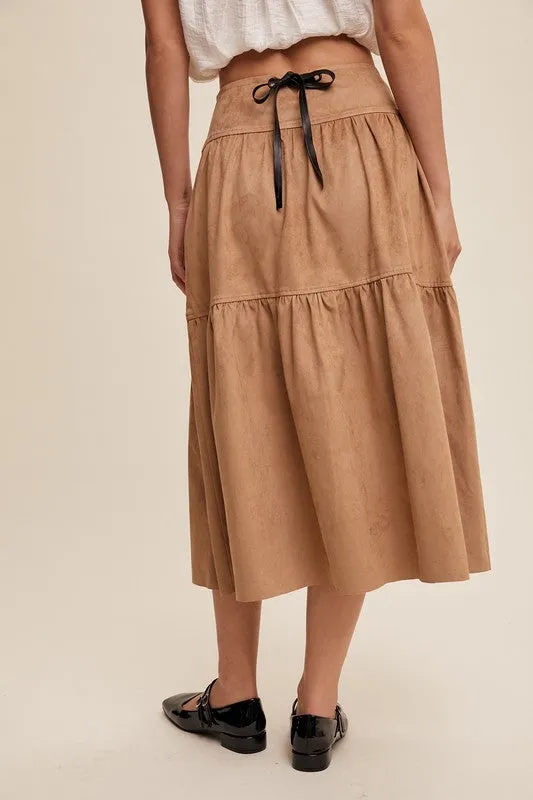 Tan Suede Tiered Maxi Skirt with Back Bow Tie