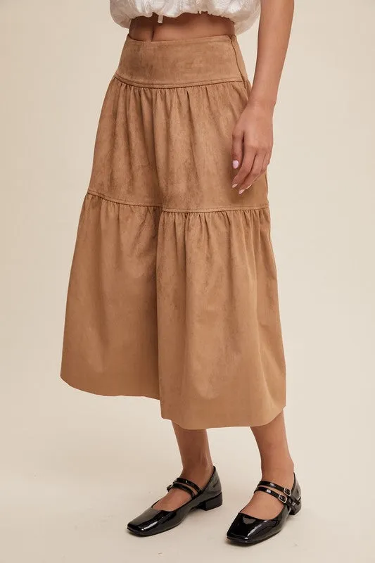 Tan Suede Tiered Maxi Skirt with Back Bow Tie