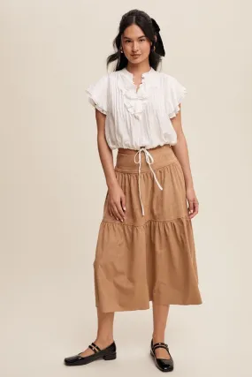 Tan Suede Tiered Maxi Skirt with Back Bow Tie
