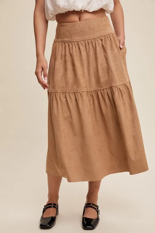 Tan Suede Tiered Maxi Skirt with Back Bow Tie