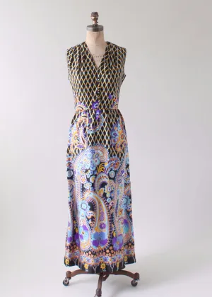 Vintage 1960s Colorful Silk Print Maxi Dress