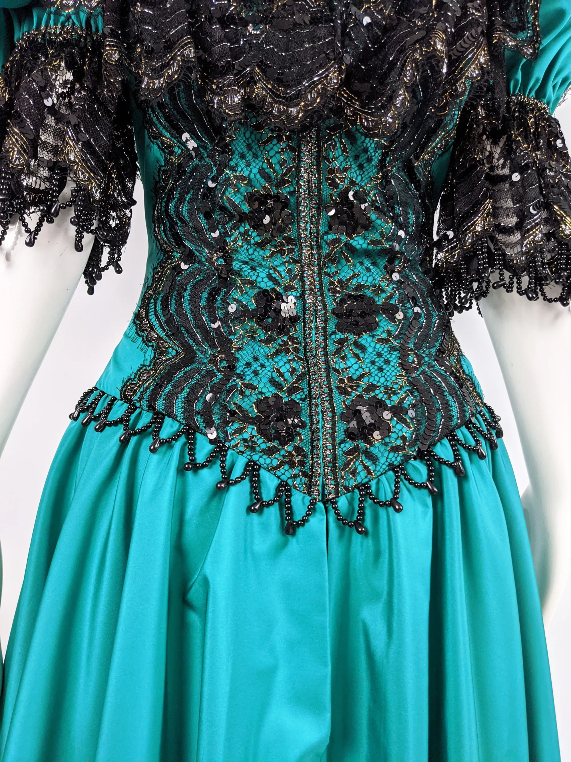 Vintage Taffeta & Black Lace Victorian Style Evening Dress, 1980s