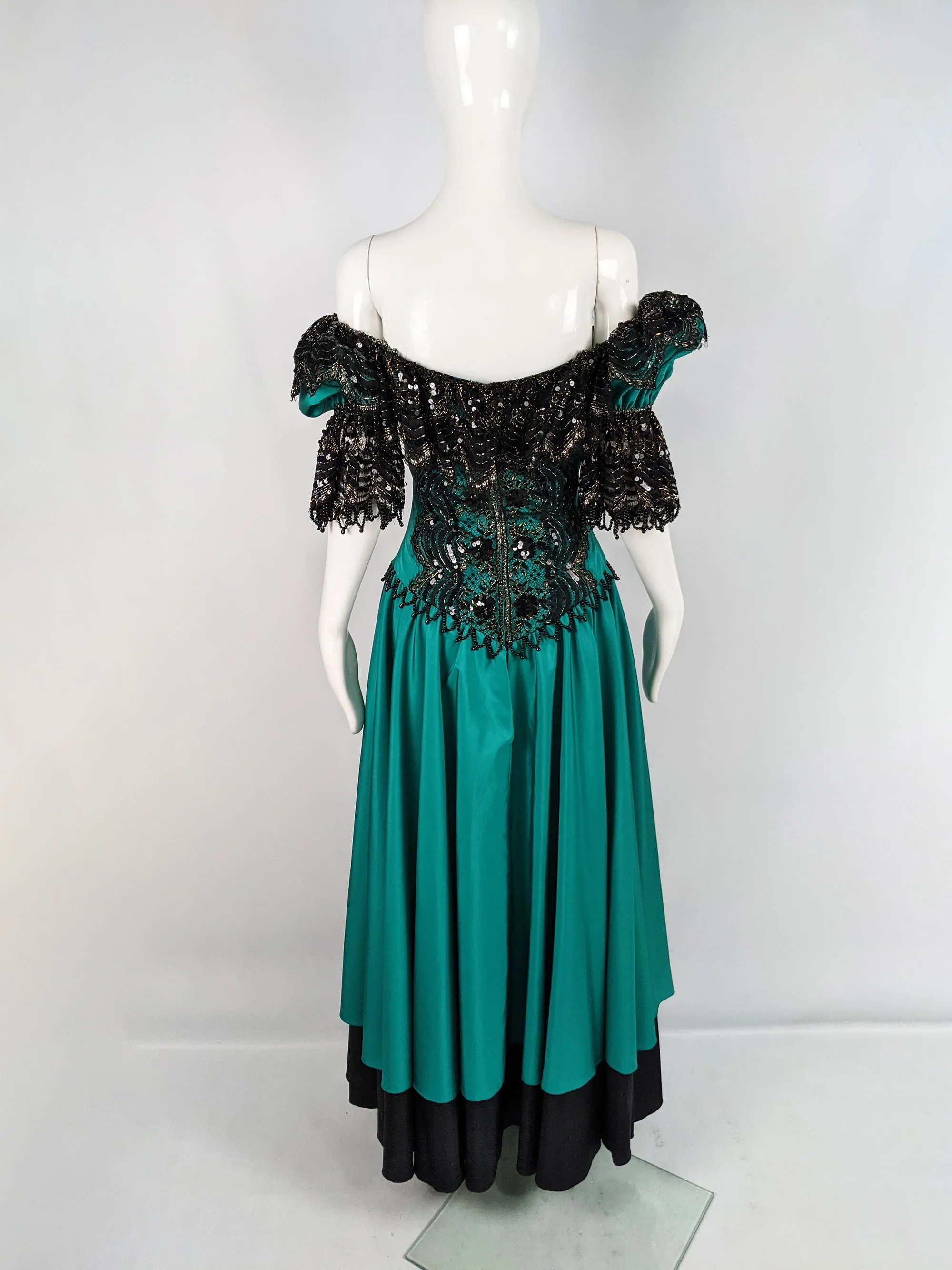 Vintage Taffeta & Black Lace Victorian Style Evening Dress, 1980s