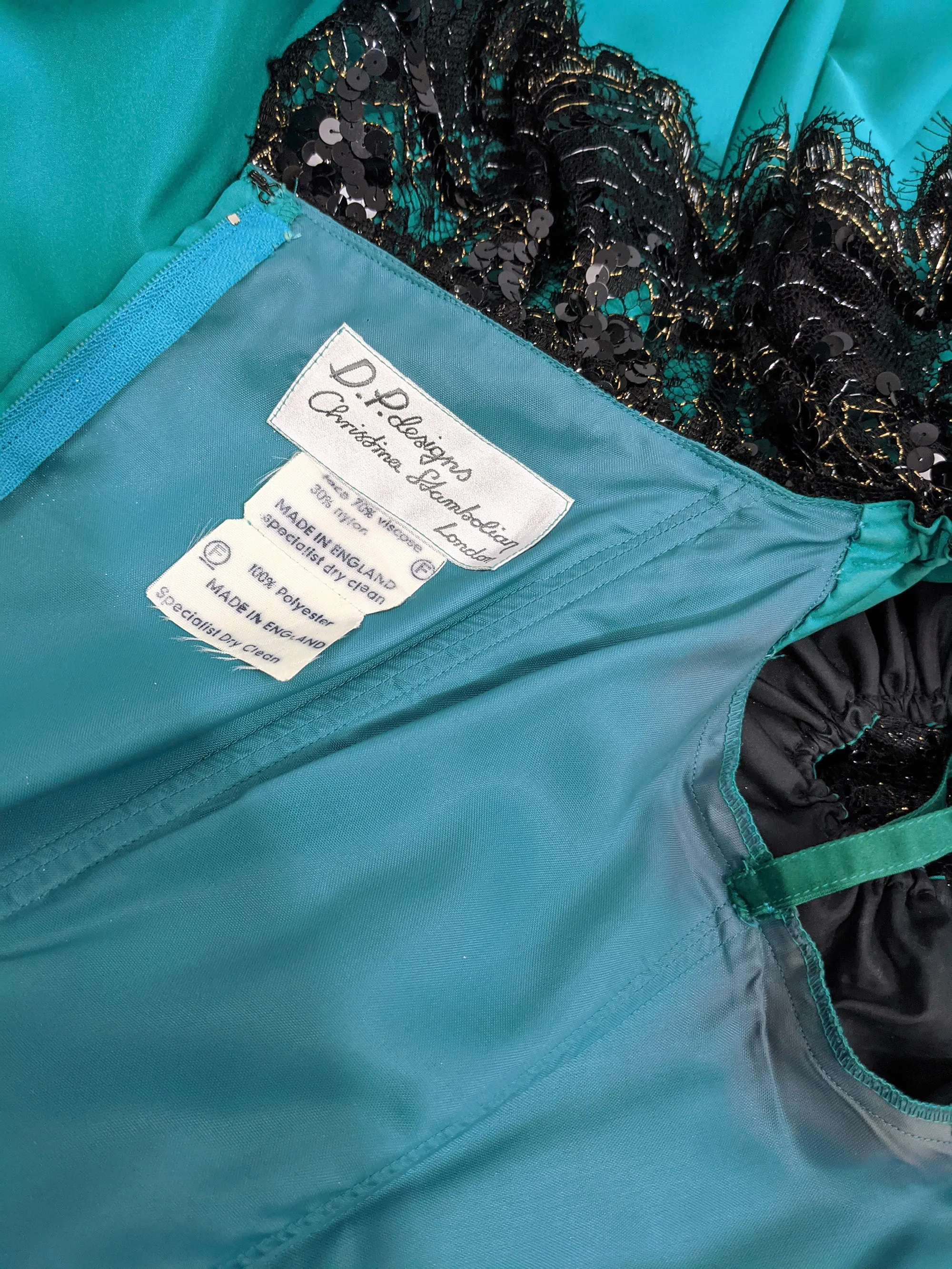 Vintage Taffeta & Black Lace Victorian Style Evening Dress, 1980s