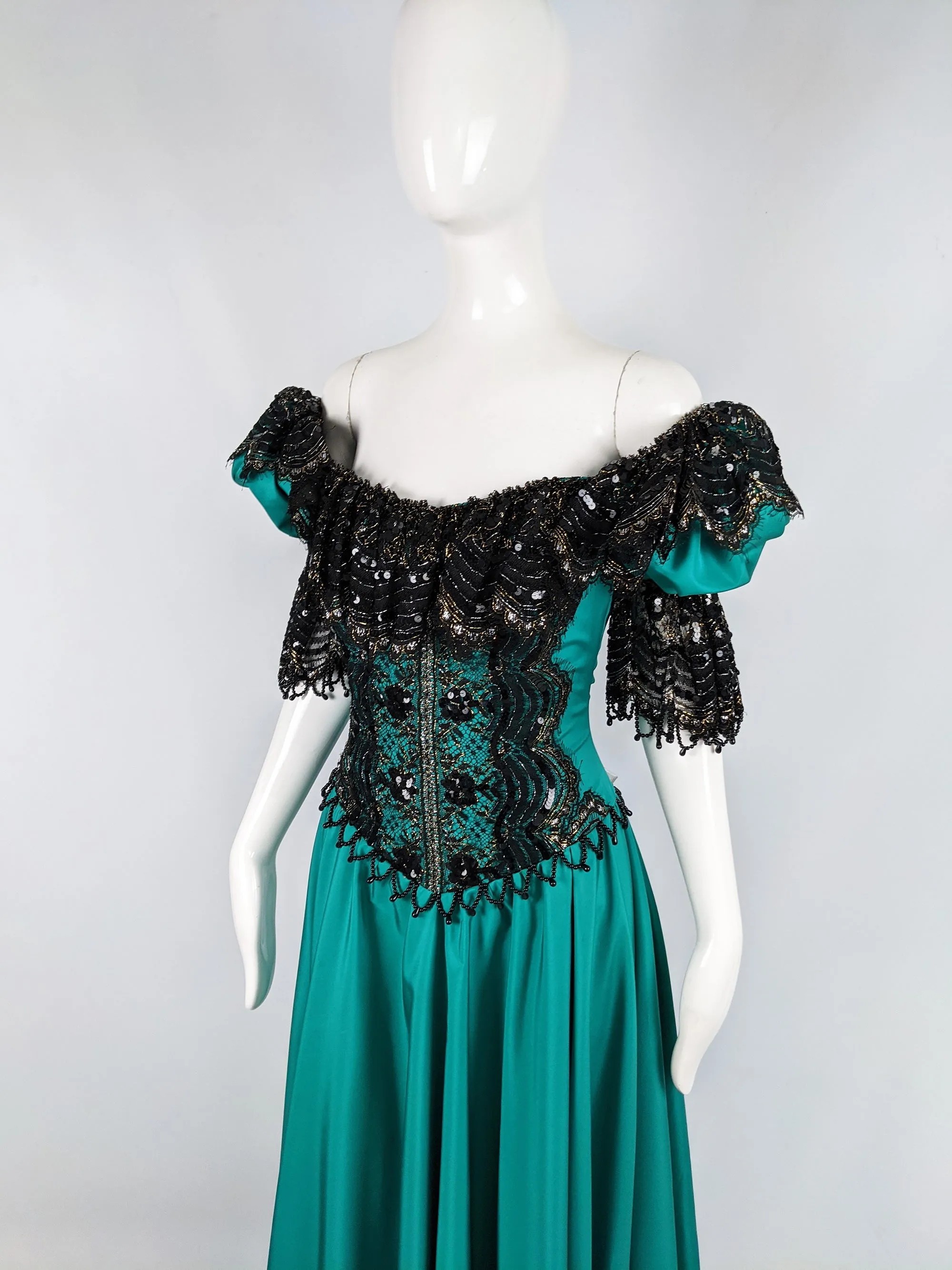 Vintage Taffeta & Black Lace Victorian Style Evening Dress, 1980s