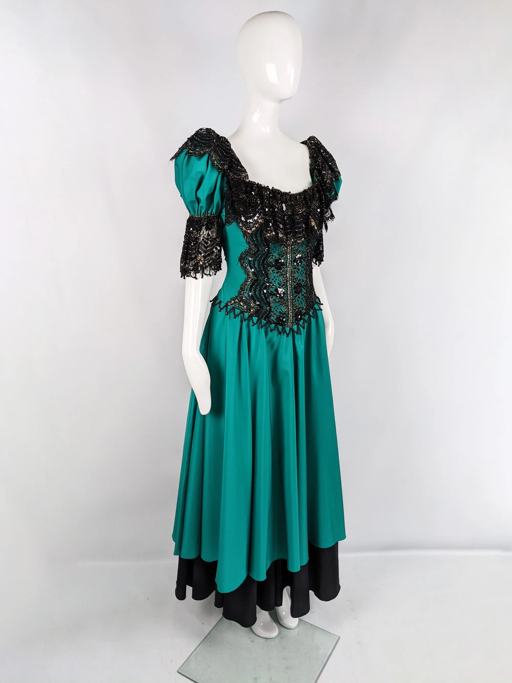 Vintage Taffeta & Black Lace Victorian Style Evening Dress, 1980s