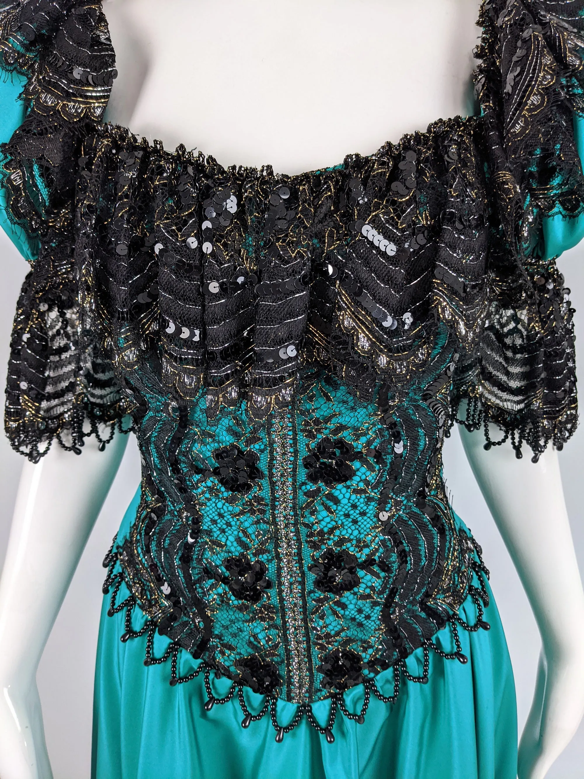 Vintage Taffeta & Black Lace Victorian Style Evening Dress, 1980s