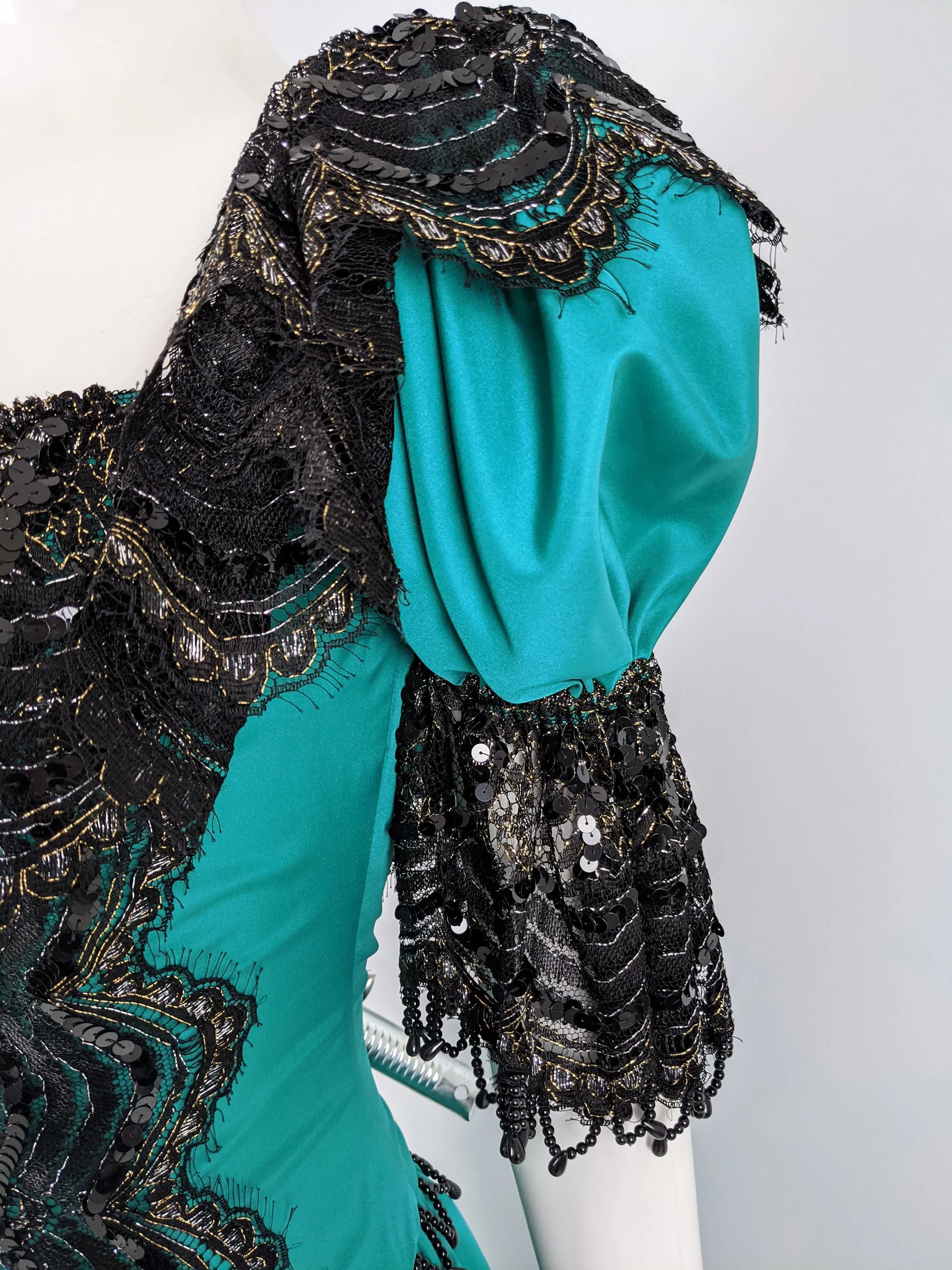 Vintage Taffeta & Black Lace Victorian Style Evening Dress, 1980s