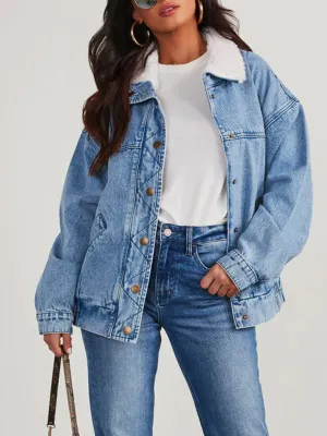Wenkouban-Winter outfits ideas Autumn and Winter Jacket Denim Cotton Loose Fur Collar Large Lapel Double Pocket Quilted Jacket