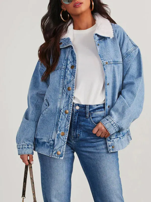 Wenkouban-Winter outfits ideas Autumn and Winter Jacket Denim Cotton Loose Fur Collar Large Lapel Double Pocket Quilted Jacket