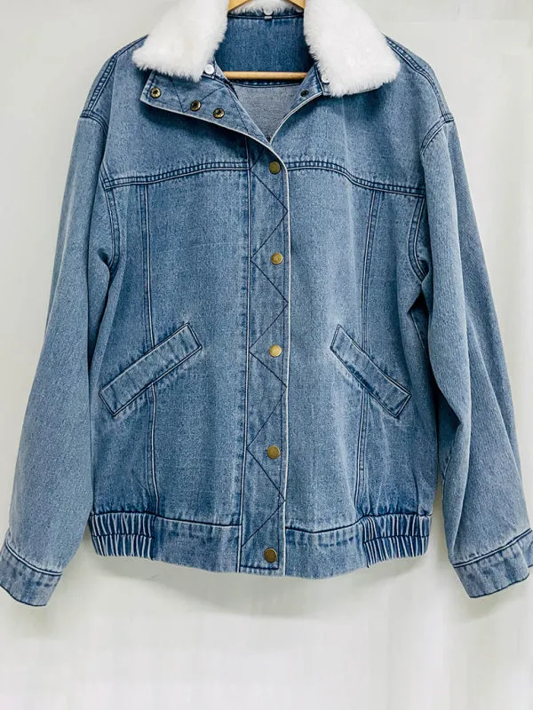 Wenkouban-Winter outfits ideas Autumn and Winter Jacket Denim Cotton Loose Fur Collar Large Lapel Double Pocket Quilted Jacket