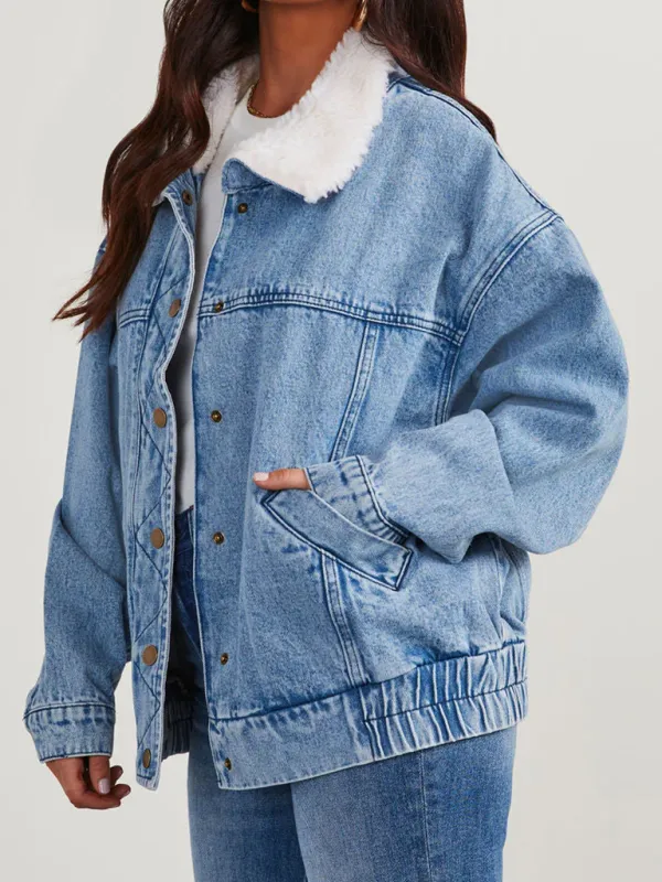 Wenkouban-Winter outfits ideas Autumn and Winter Jacket Denim Cotton Loose Fur Collar Large Lapel Double Pocket Quilted Jacket
