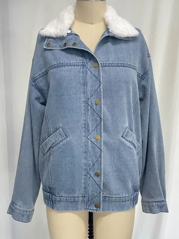Wenkouban-Winter outfits ideas Autumn and Winter Jacket Denim Cotton Loose Fur Collar Large Lapel Double Pocket Quilted Jacket