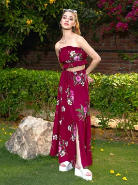 Women Maroon Floral Tube Top With Maxi Skirt