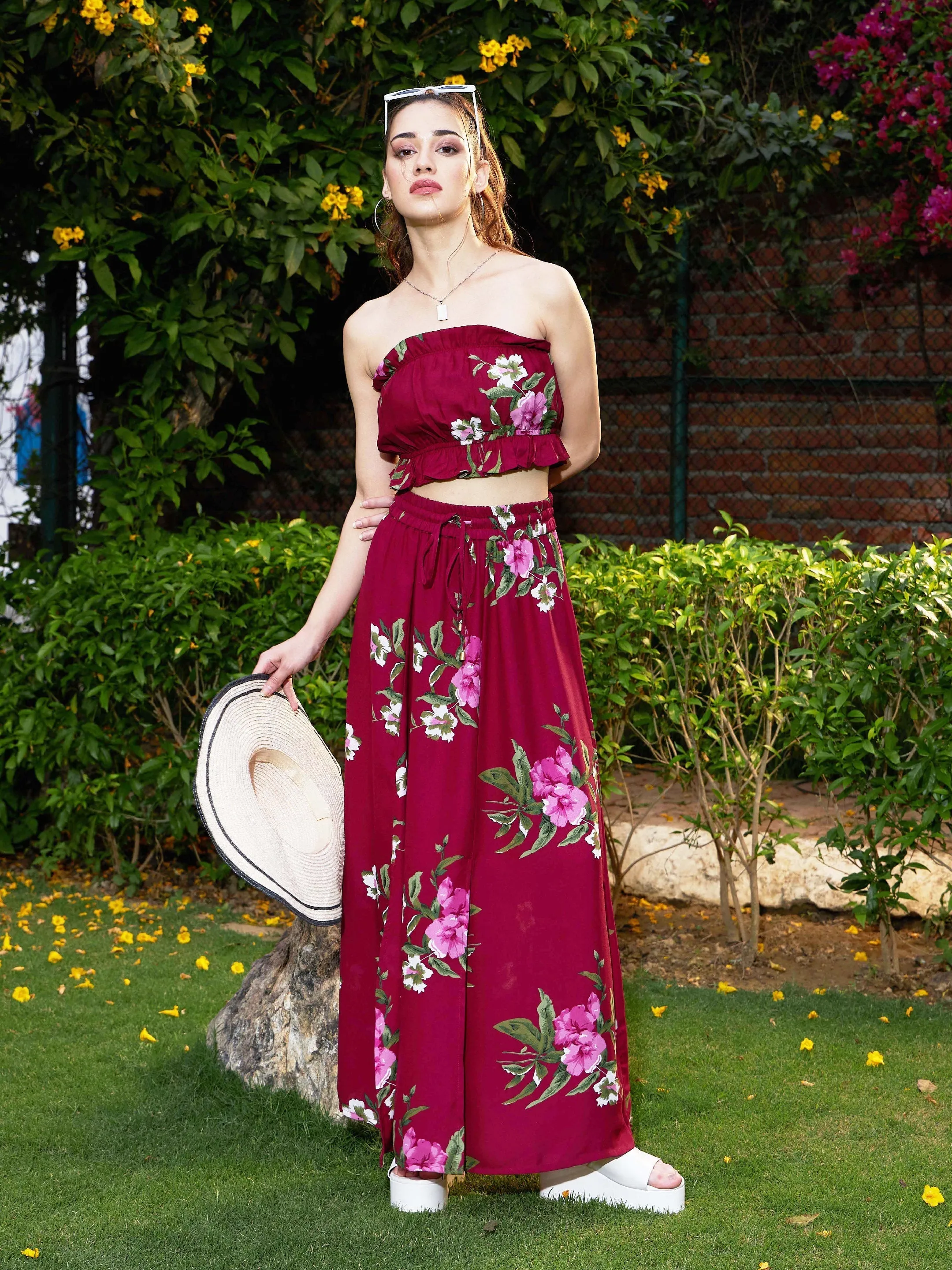 Women Maroon Floral Tube Top With Maxi Skirt