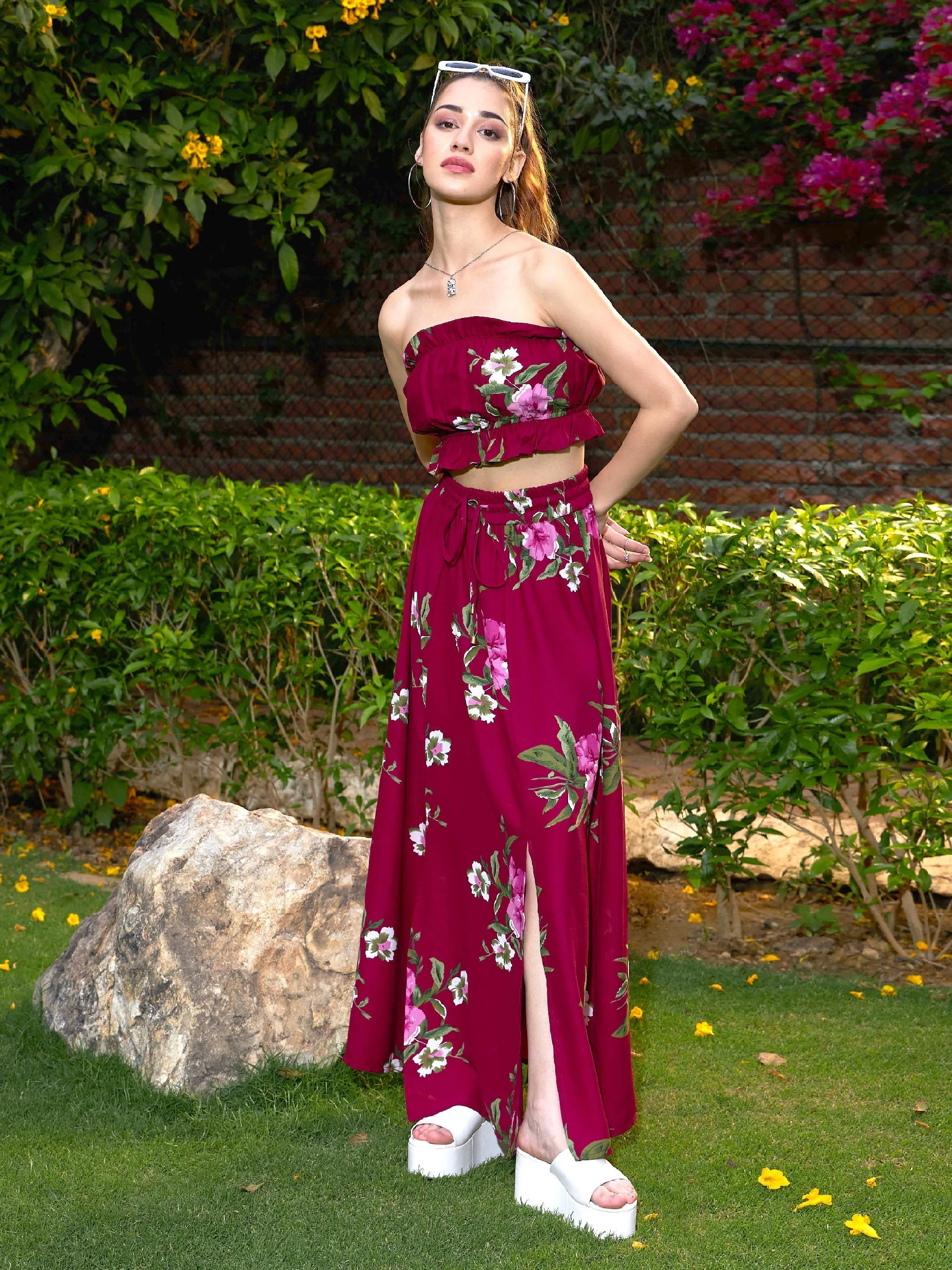 Women Maroon Floral Tube Top With Maxi Skirt