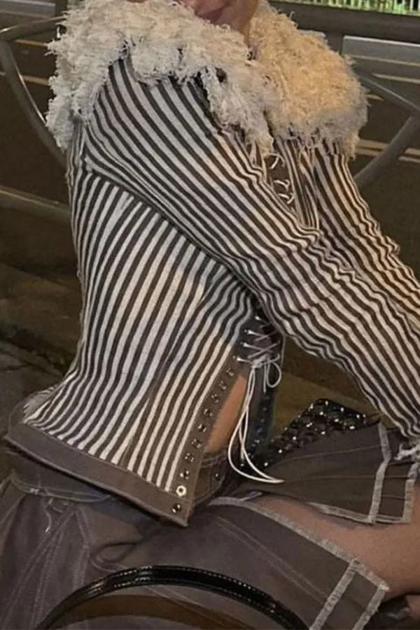 xiangtuibao Fuzzy Patchwork Smart Strappy Striped Coat