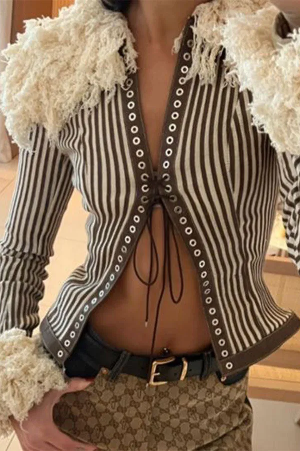 xiangtuibao Fuzzy Patchwork Smart Strappy Striped Coat