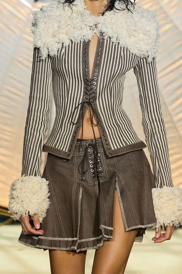 xiangtuibao Fuzzy Patchwork Smart Strappy Striped Coat
