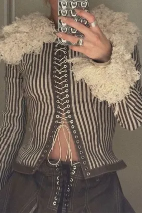 xiangtuibao Fuzzy Patchwork Smart Strappy Striped Coat